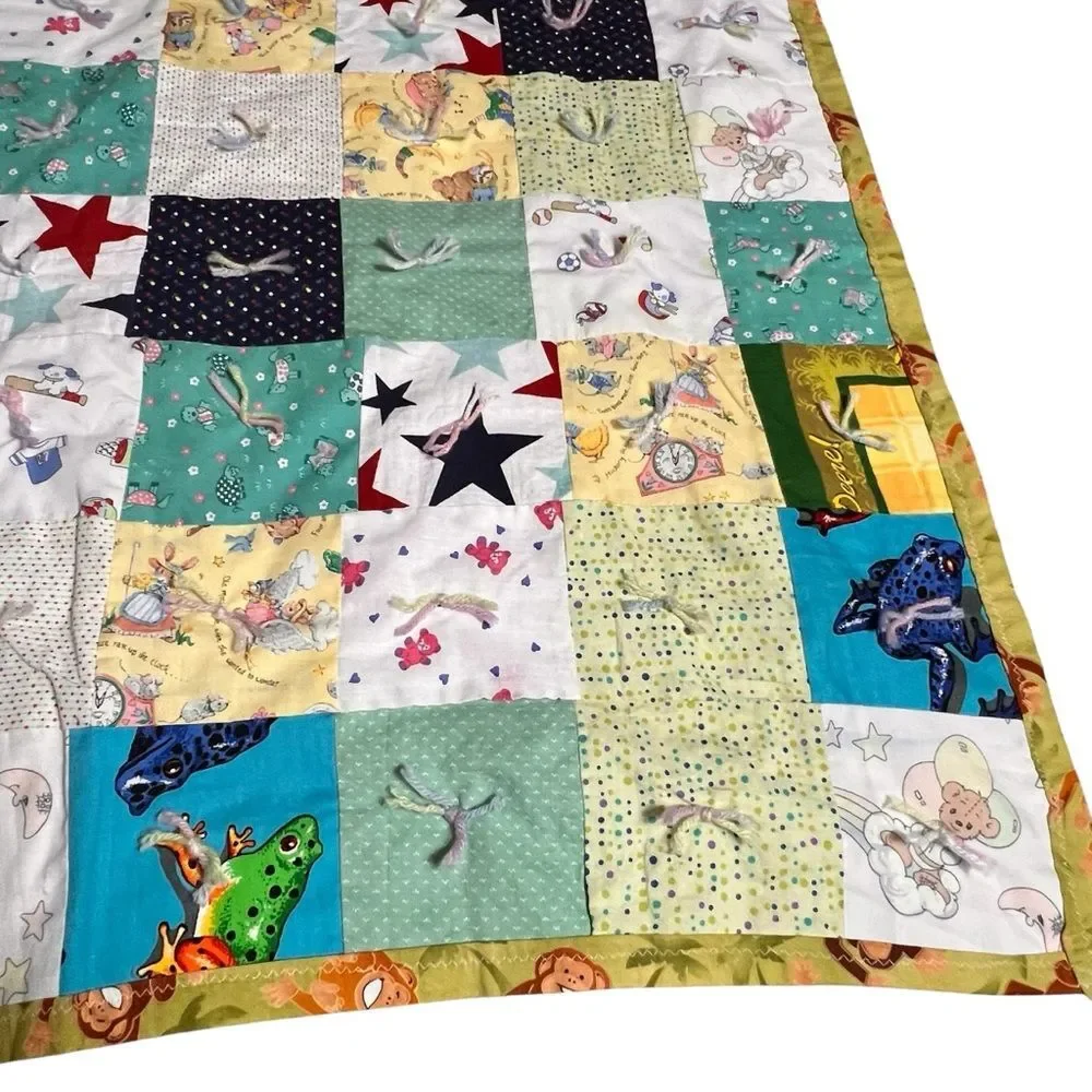 Homemade Monkey Patchwork Baby Quilt with Mixed  Quilt Squares Handcrafted 36x31